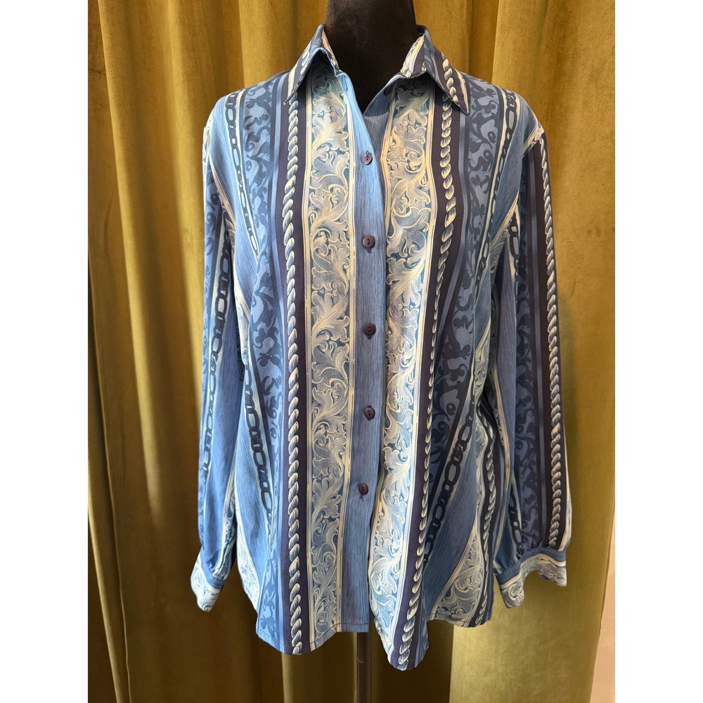 Alia Vintage Blue Baroque‎ Chain Print Button Down Blouse Shirt Womens Size 12